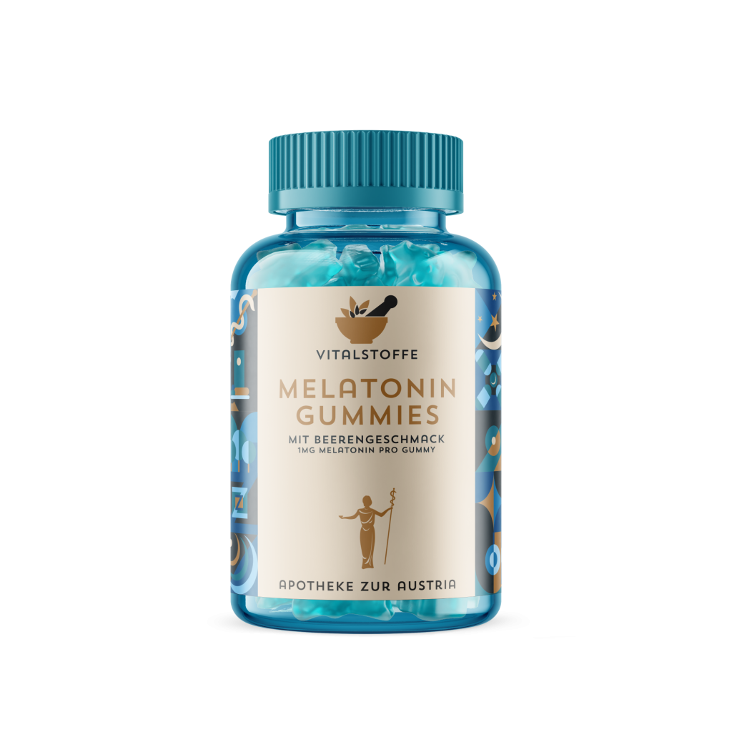 Blau-transparente Dose mit Gummies die Melatonin enthalten